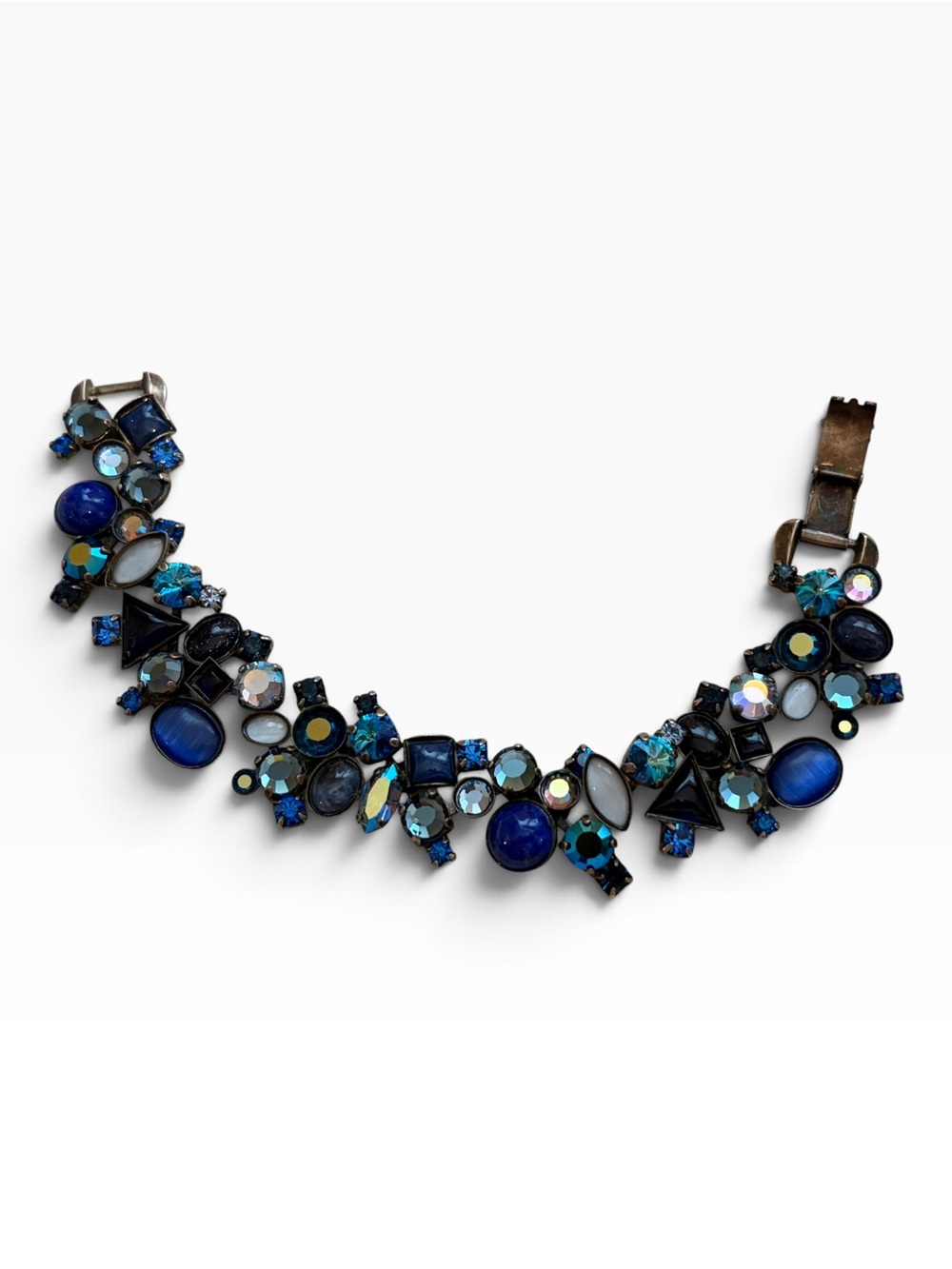 Sorrelli signed blue crystal cabochon statement bracelet antique brass finish
